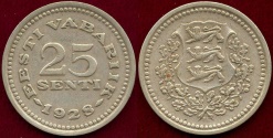 World Coins - ESTONIA 1928  25 SENTI  XF