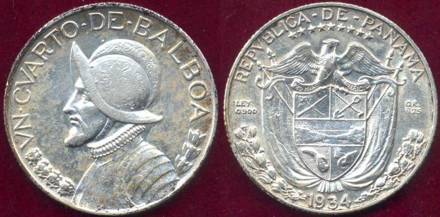 World Coins - PANAMA 1934  1/4 BALBOA  .... LOW MINTAGE DATE