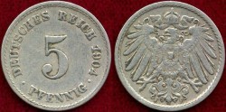 World Coins - GERMANY 1904-F.... 5 PFENNIG  XF