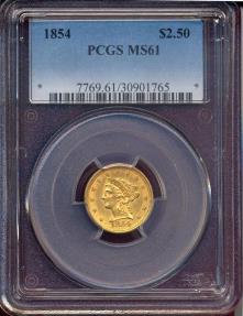 US Coins - 1854 $2 1/2 LIBERTY  PCGS MS61