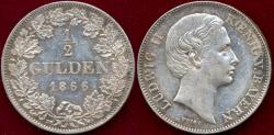 World Coins - BAVARIA 1866 1/2 GULDEN  AU