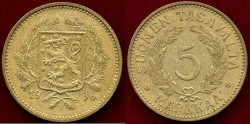 World Coins - FINLAND  1936-S   5 MARKKA ... About UNC