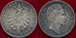 World Coins - BAVARIA  1876-D .... 2 MARK  XF