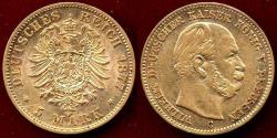 World Coins - PRUSSIA 1877-C  GOLD 5 MARK  XF