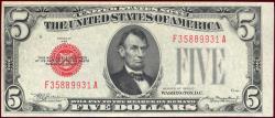 Us Coins - 1928-C $5  UNITED STATES NOTE  AU/UNC.... RED SEAL