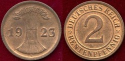 World Coins - GERMANY 1924-F..... 2 RENTEN PFENNIG