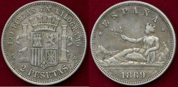 World Coins - SPAIN 1869  2 Pesetas ...   XF