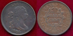Us Coins - 1808 Cr.4, Stemless   HALF CENT  XF45