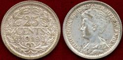 World Coins - NETHERLANDS 1919  25 Cents  XF