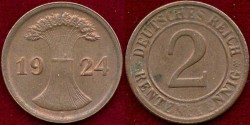 World Coins - GERMANY 1924-D.... 2 RENTEN PFENNIG