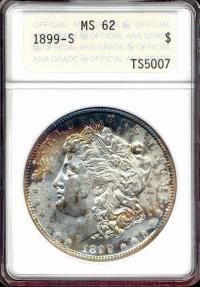 US Coins - 1899-S OLD ANA SLAB  MORGAN DOLLAR MS62 ... BEAUTIFUL COLORS