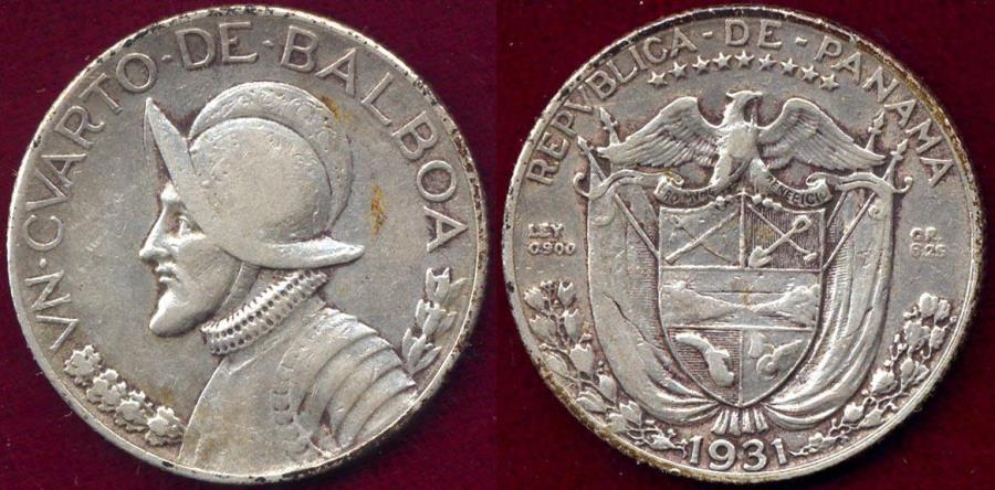 World Coins - PANAMA 1931  1/4 BALBOA  VF+.... SCARCE with Very Low Mintage