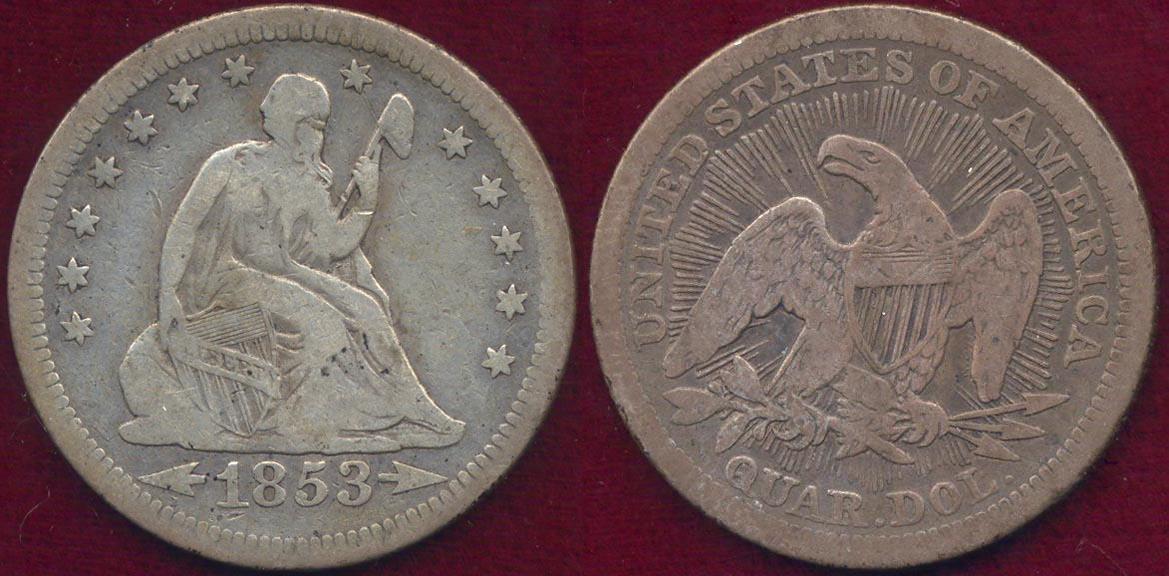 1853 ARROWS & RAYS QUARTER FINE | Quarters