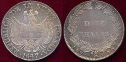 World Coins - COLOMBIA 1847  10 REALES  AU58 with nice original luster & toning