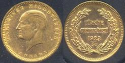 World Coins - TURKEY 1923  GOLD   100 KURUSH  choice  BU