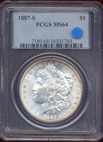 US Coins - 1887-S MORGAN DOLLAR  PCGS MS64