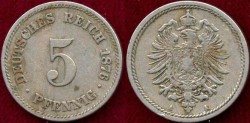 World Coins - GERMANY 1876-A.... 5 PFENNIG  XF