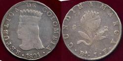 World Coins - COLOMBIA 1821 Ba JF  8 REALES  VF30