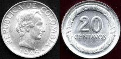 World Coins - COLOMBIA 1945-B  20 CENTAVO  BU