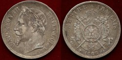World Coins - FRANCE  1868A   5 FRANCS   XF