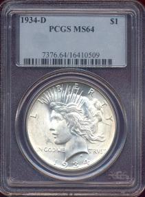 US Coins - 1934-D PEACE DOLLAR  PCGS  MS64  ... FLASHY WHITE