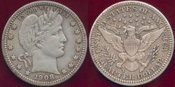 Us Coins - 1908 BARBER QUARTER  XF