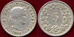 World Coins - SWITZERLAND 1904-B  5 RAPPEN  XF