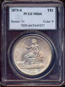 US Coins - 1875-S TRADE DOLLAR  PCGS MS64 .. PQ with SHARP STRIKE