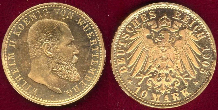 WURTTEMBERG 1905 GOLD 10 MARK BU | Barnebys