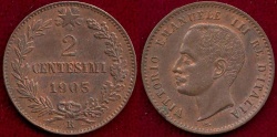 World Coins - ITALY 1905-R  2 CENTESIMI    UNC