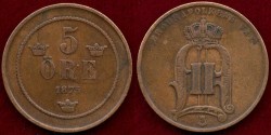 World Coins - SWEDEN 1875  5 ORE  VF
