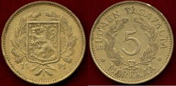 World Coins - FINLAND 1931-S   5 MARKKA  ...  XF
