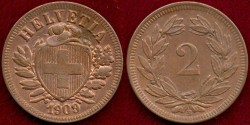 World Coins - SWITZERLAND 1909-B ... 2 RAPPEN