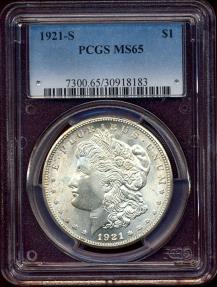 US Coins - 1921-S MORGAN DOLLAR PCGS MS65..... EXCEPTIONAL SHARP STRIKE .. real GEM