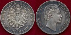 World Coins - BAVARIA 1876-D  2 MARK   XF+