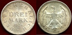 World Coins - GERMANY 1924-F .. 3 MARK  NGC MS64