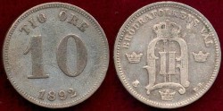 World Coins - SWEDEN 1892  10 ORE  VF