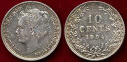 World Coins - NETHERLANDS 1904 10 CENTS  AU+