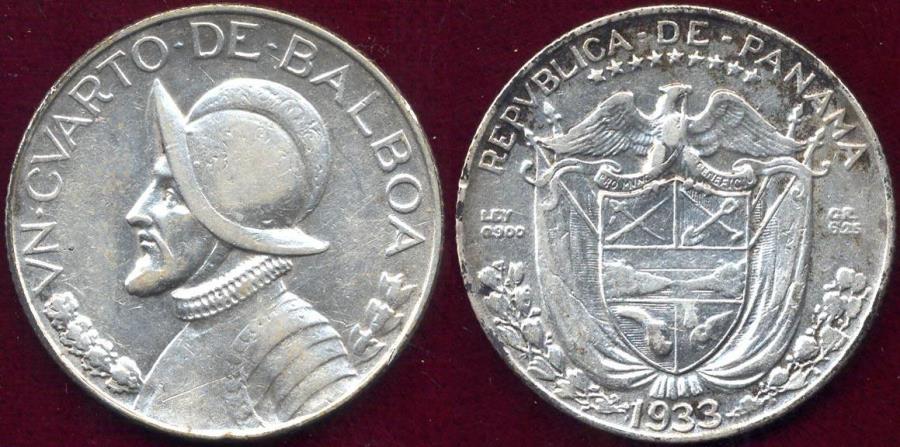 World Coins - PANAMA 1933  1/4 BALBOA ... LOW MINTAGE DATE