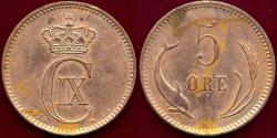 World Coins - DENMARK 1874  5 ORE  ... HIGH GRADE ... FIRST YEAR of this TYPE