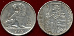 World Coins - BELGIUM 1939  5 Frank ....  VERY FINE