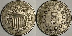 Us Coins - 1867 No Rays SHIELD NICKEL  XF