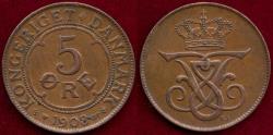 World Coins - DENMARK 1908 5 ORE... Attractive  XF+