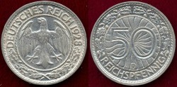 World Coins - GERMANY 1928-D ... 50 Reichspfennig   XF+