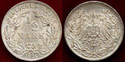 World Coins - GERMANY 1916-D  1/2 MARK   Nice  BU