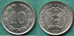 World Coins - ECUADOR 1937.... 10 Centavos   CHOICE