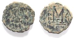Ancient Coins - AS FOUND: BYZANTINE. Justin II with Sophia, 565 - 578 AD. AE FOLLIS