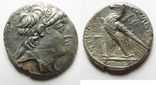 Ancient Coins - GREEK. Seleukid kings. Antiochos VIII Grypos (121/0-96 BC). AR tetradrachm (28mm, 12.37g) Ascalon mint. Struck in SE 205 (108/7 BC).
