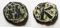 Ancient Coins - BYZANTINE. Justin II with Sophia, 565 - 578 AD, AE HALF FOLLIS