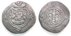 Ancient Coins - INTERESTING GRAFFITI ON REVERSE: Sasanian Kingdom. Khusru II. A.D. 591-628. AR drachm.